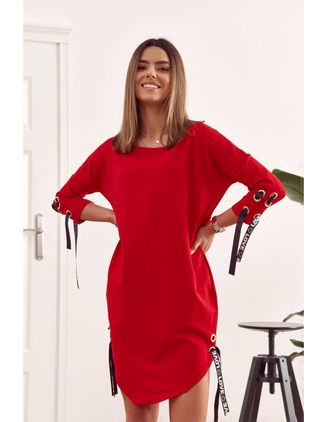 Rotes Kleid mit Krawatten 1403 - Online-Shop - Boutique